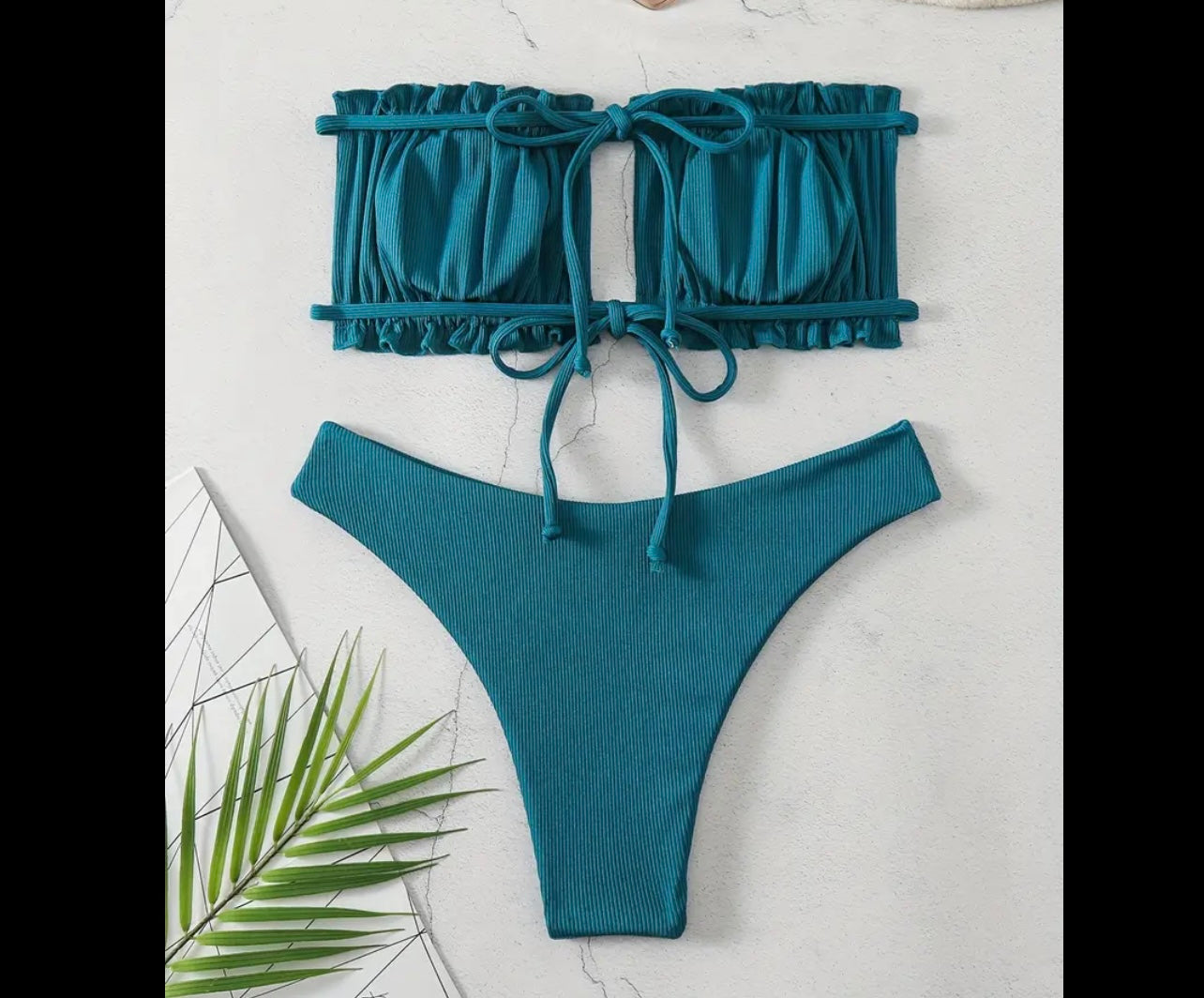 Bandeau strapless stretchy tie back bikini set