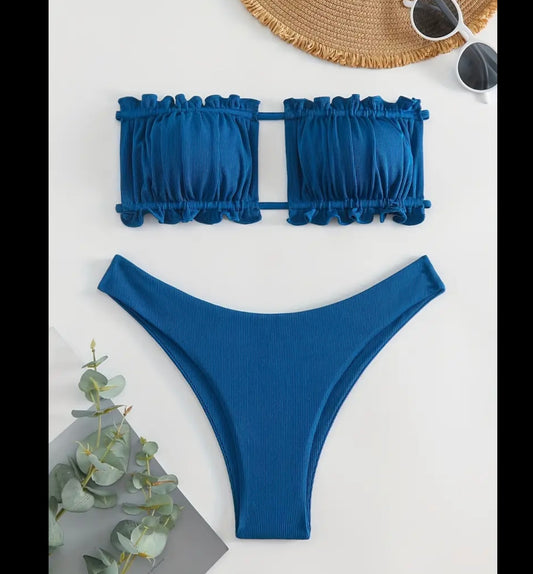 Bandeau strapless stretchy tie back bikini set